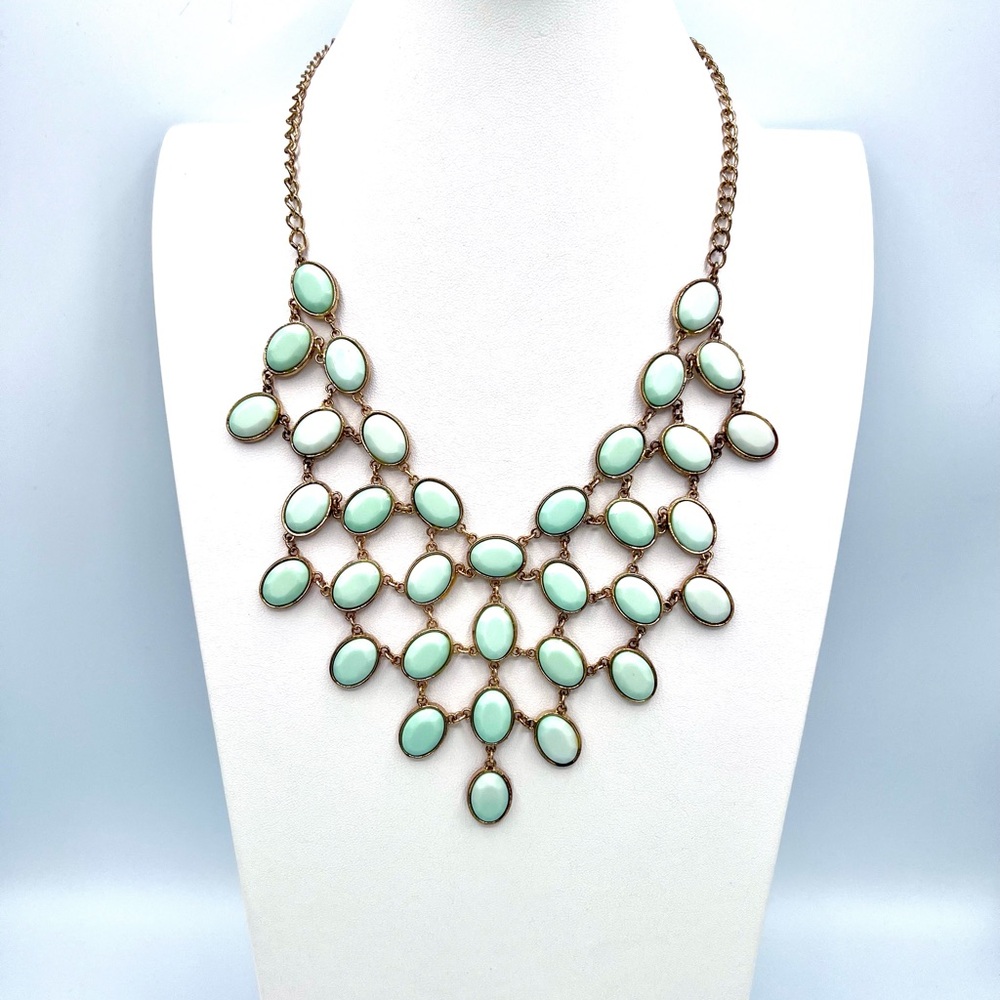 Mint Green Statement Bib Necklace Gold Tone Adjustable Layer